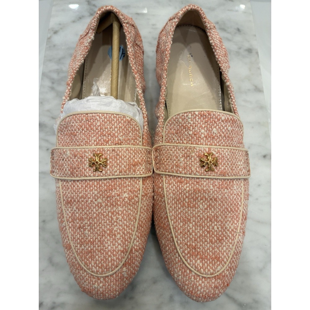 New 9.5 TORY BURCH TWEED BALLET LOAFER PEACHY PINK/IVORY/CREAM MINI LOGO. Pics